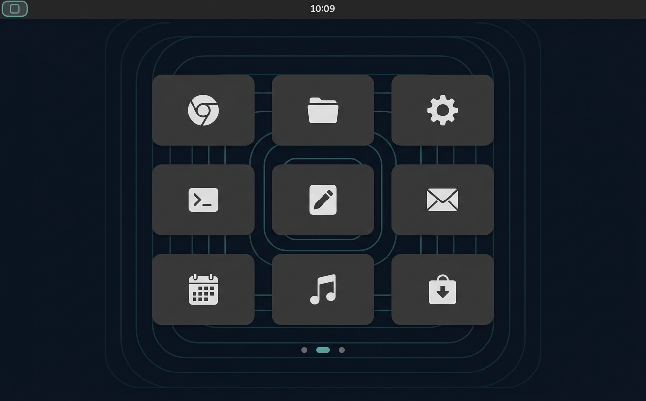 LocumView desktop in its standard layout with a minimal top bar and side launcher.